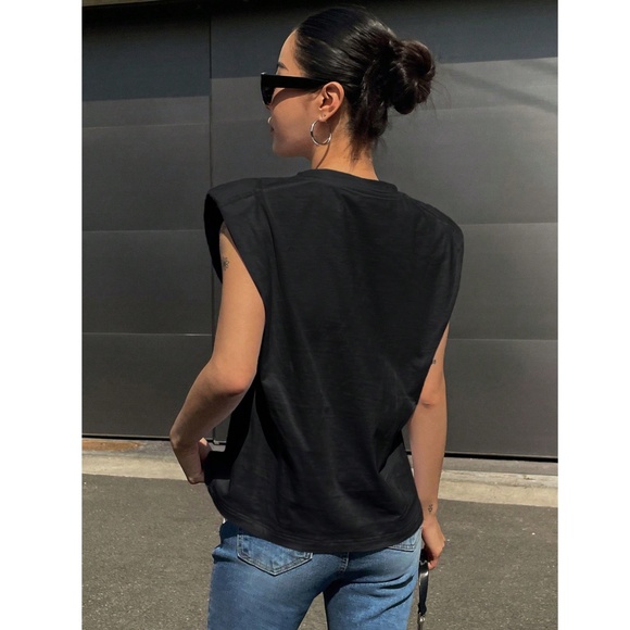 Cotton Padded Shoulders Black Muscle Tee Shirt Stretchy Round Neck - Picture 5 of 8